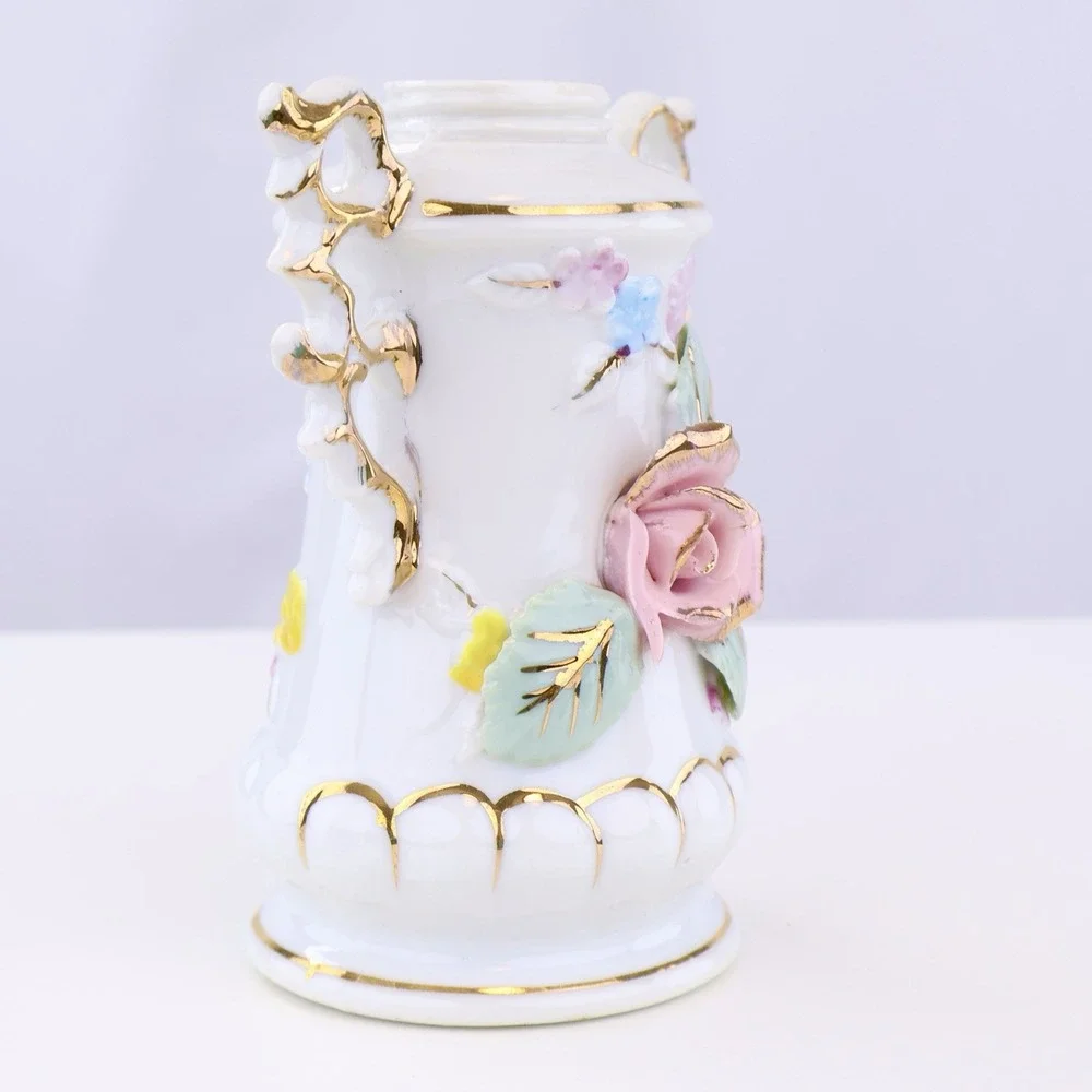 Vintage White Milk Glass Floral Vase Gold Gilt Pink Rose Double Handle 5